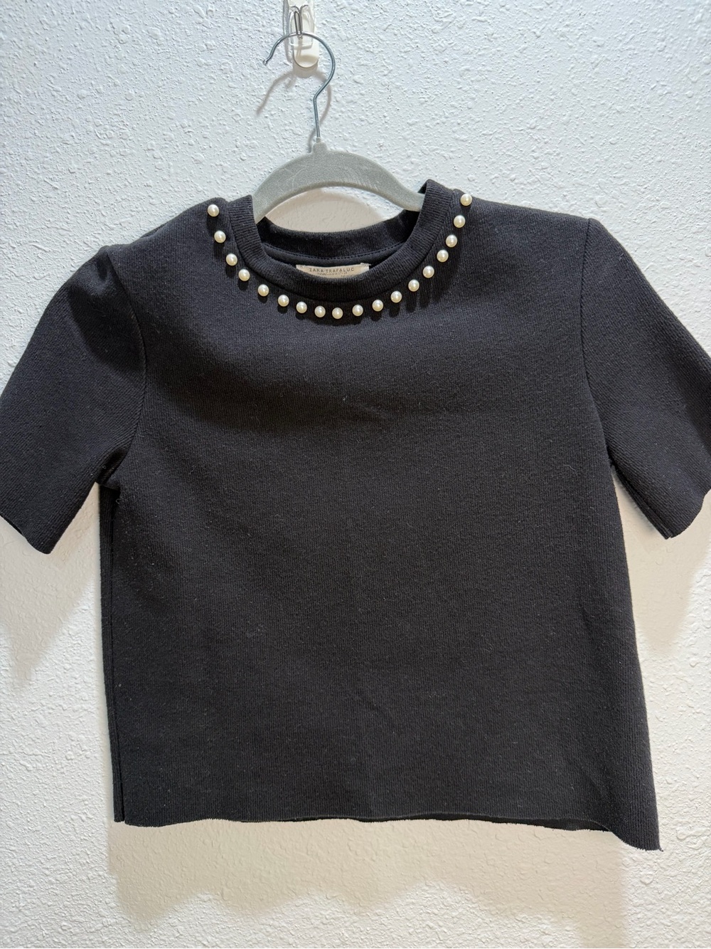 Zara Black Short Sleeve Crop Top with Pearl Neckline